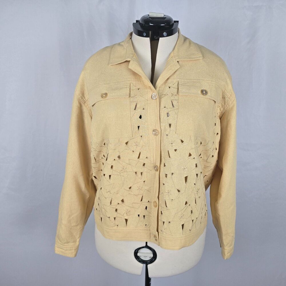 220 Hickory Silk Jacket Women's M Yellow Eyelet Embroidery Detail Buttons Collar